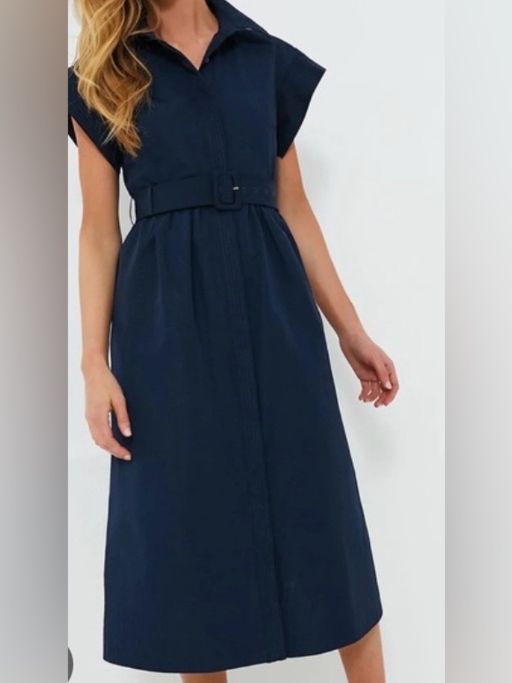 $298 Tuckernuck Chloe Navy Blue Midi Dress Belted Collar Button Classic SZ XXS
